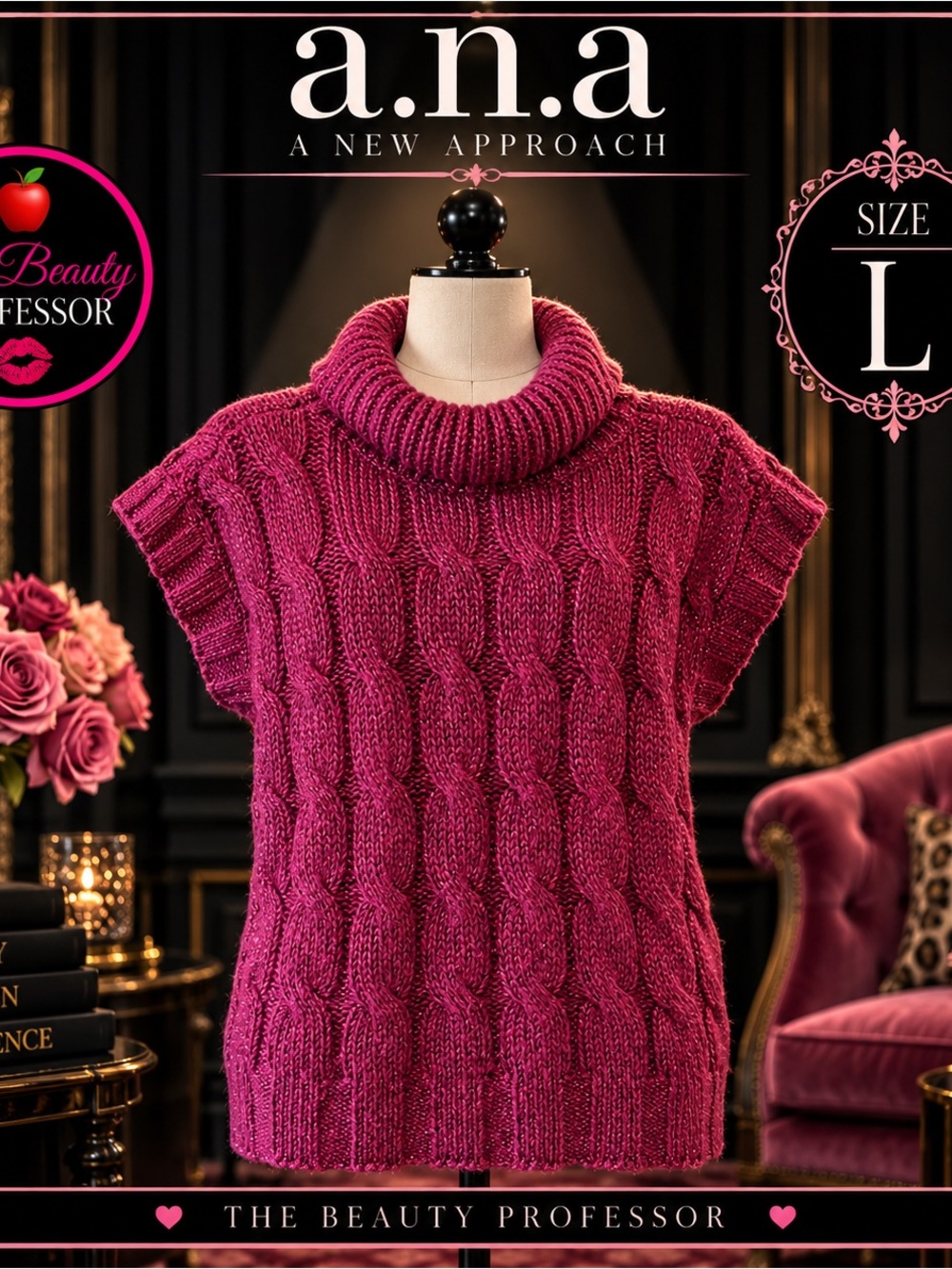 💕a.n.a Large Berry Magenta Cable Knit Cowl Neck Sparkle Sweater